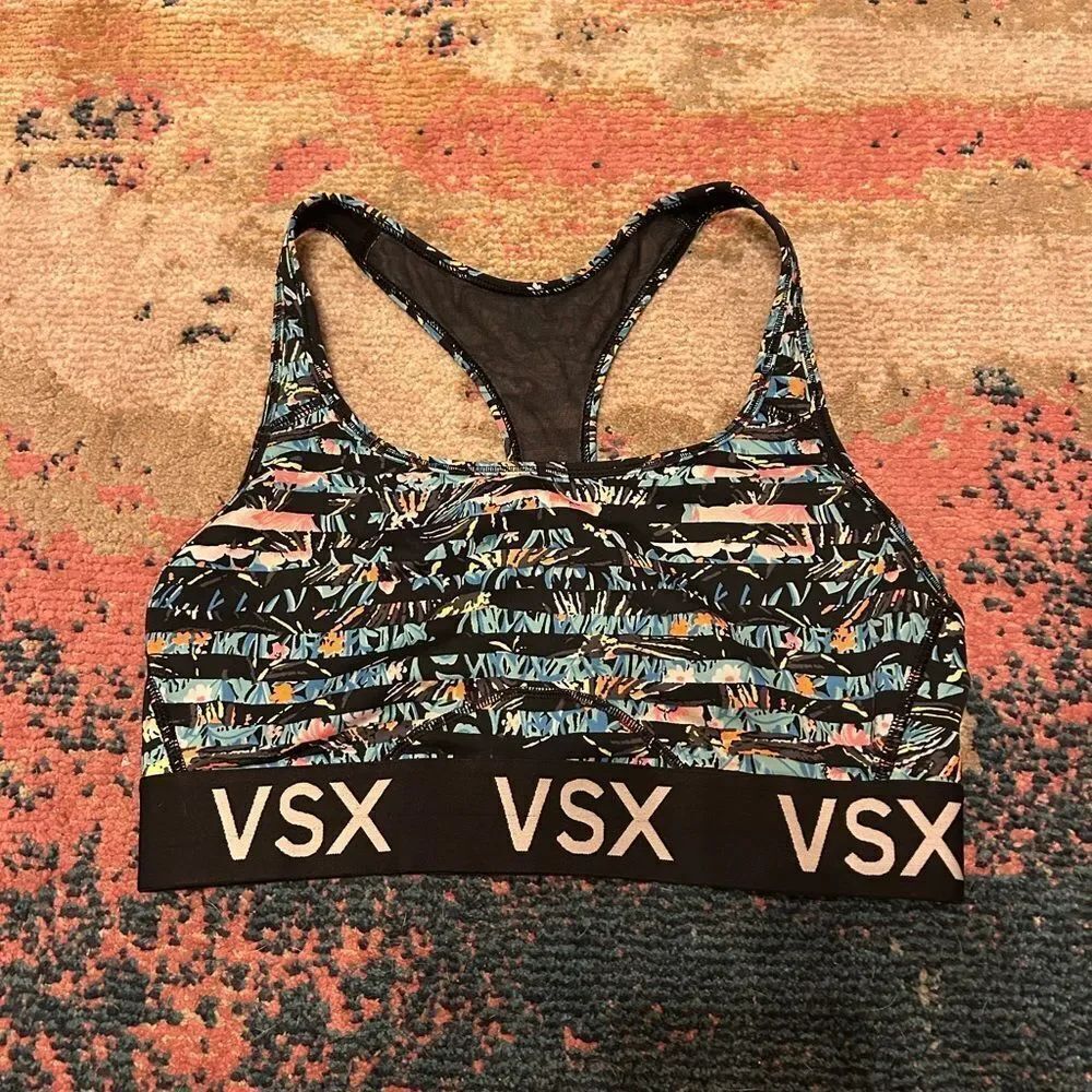 VSX Women's Black and Blue Patterned Sports Bra